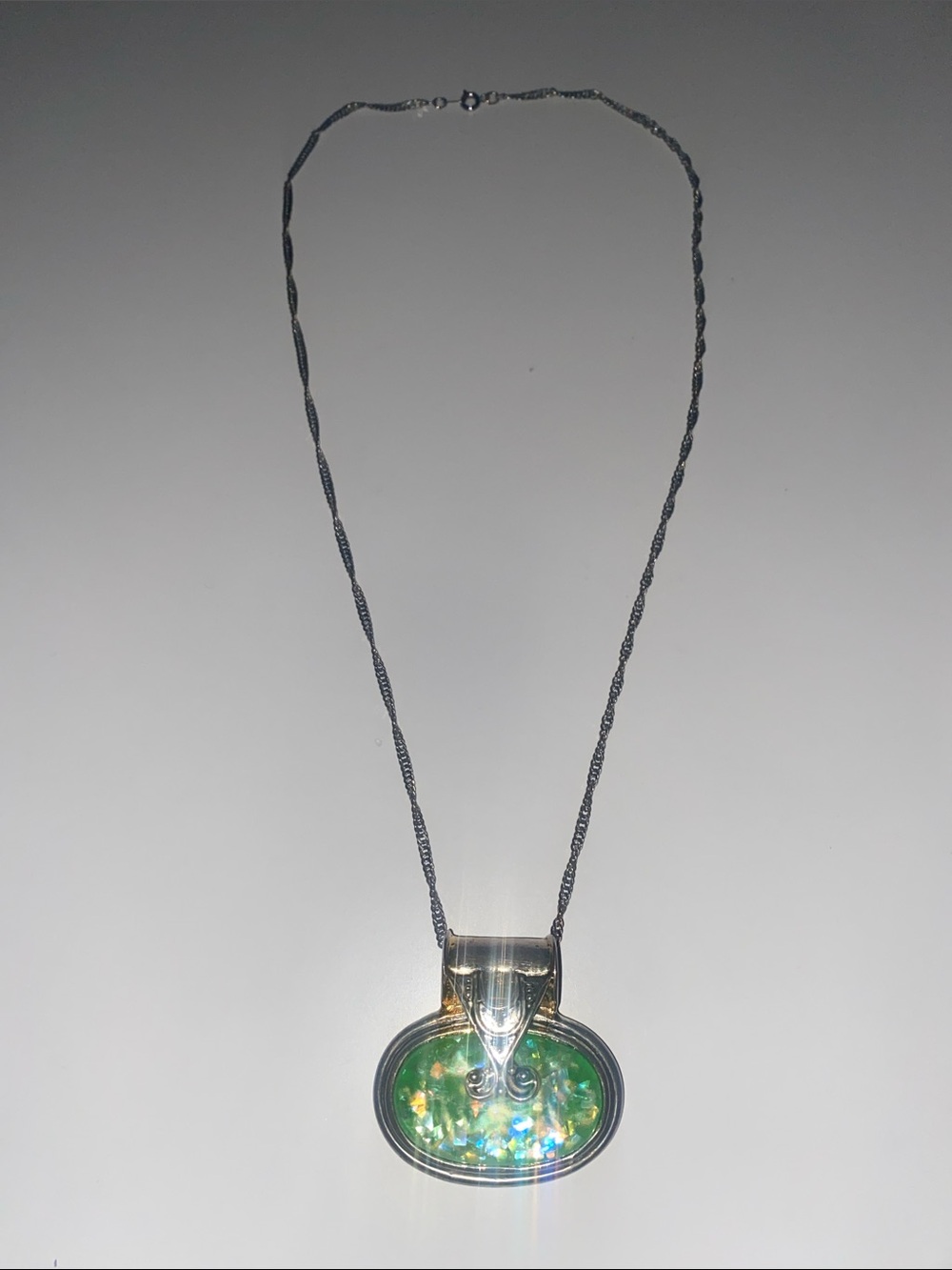 Silver and Gold Oval Green Opal Style Pendant Necklace